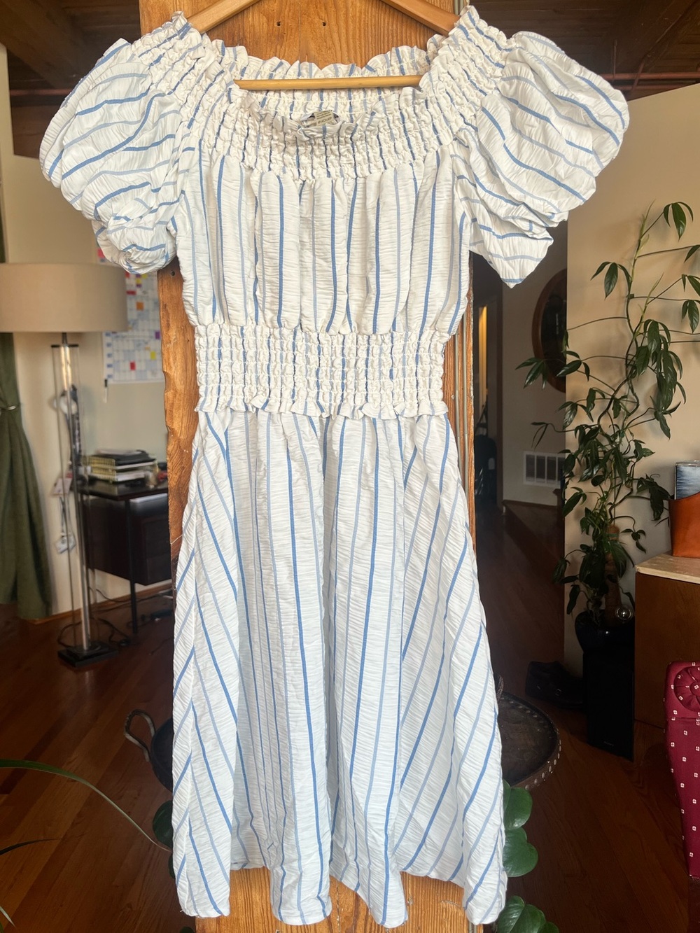 Calvin Klein White/Blue Stripe Dress with Puff Sleeves